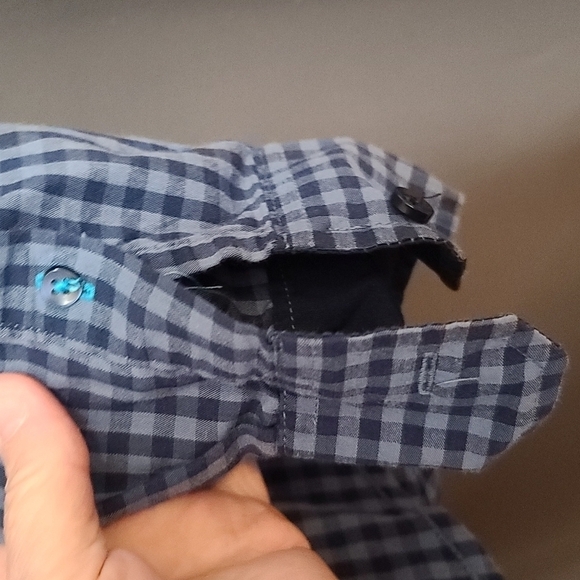 Tranquility Mayhem Men's Shirt  Blue Plaid Button Down Stretch Slim Fit Sz S EUC - Picture 4 of 5